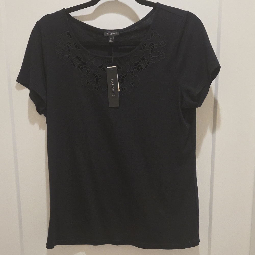 Talbots Black Floral Lace Short Sleeve Tee